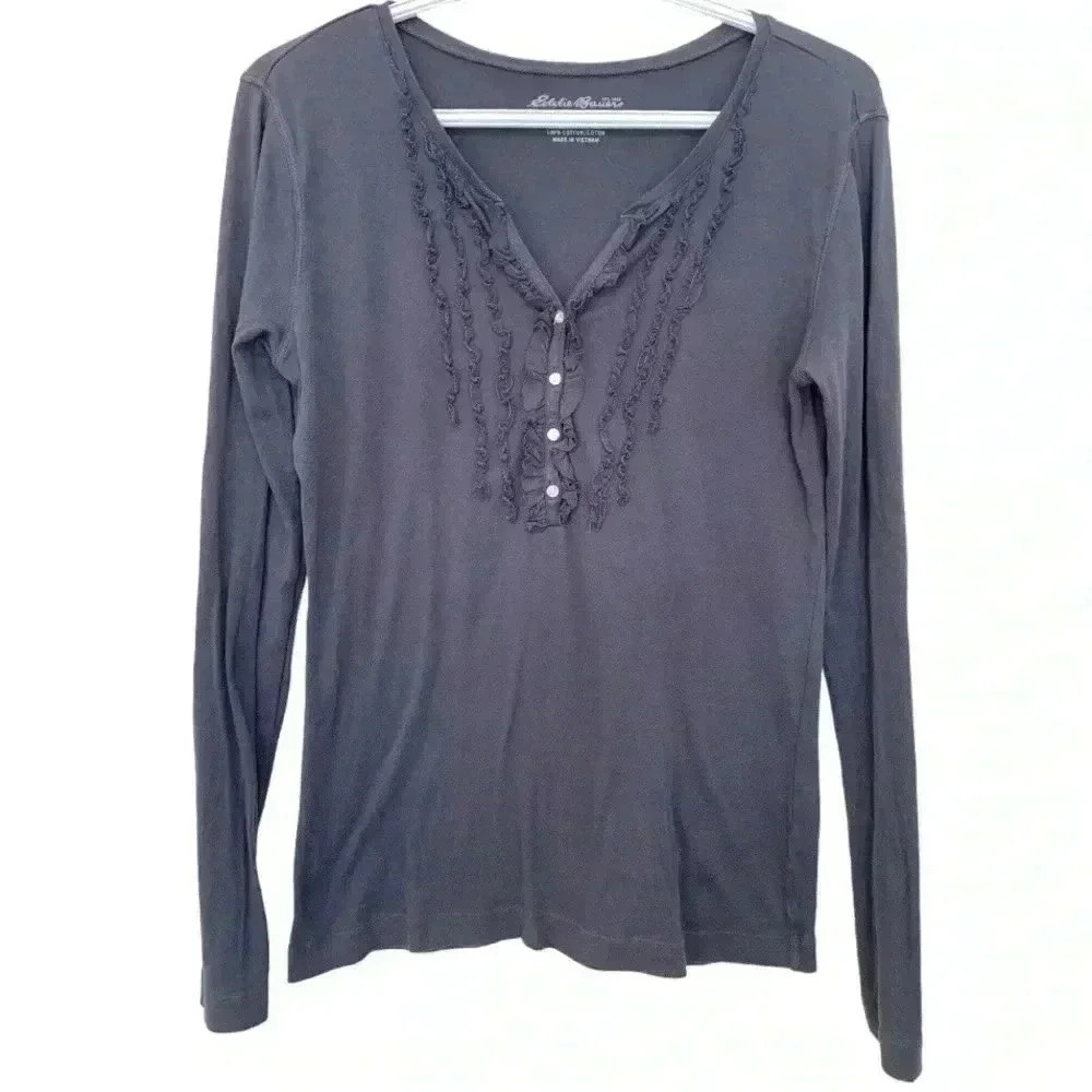 Eddie Bauer, medium weight, 100% cotton, long sleeve ruffled neckline  T-shirt